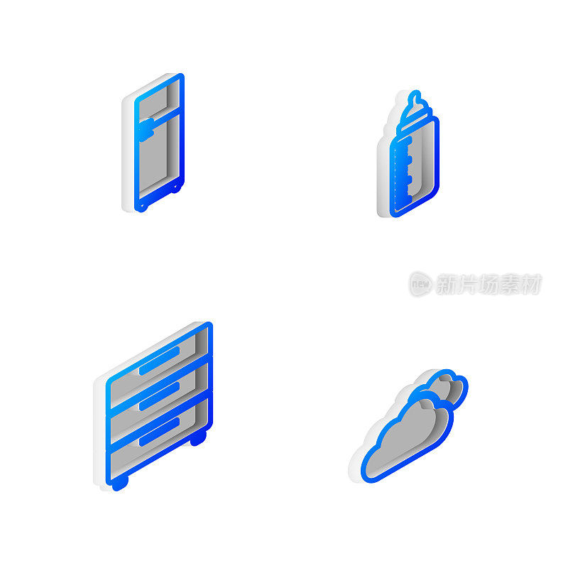 Set Isometric line Baby bottle, Refrigerator, Furniture nightstand and Cloud icon. Vector